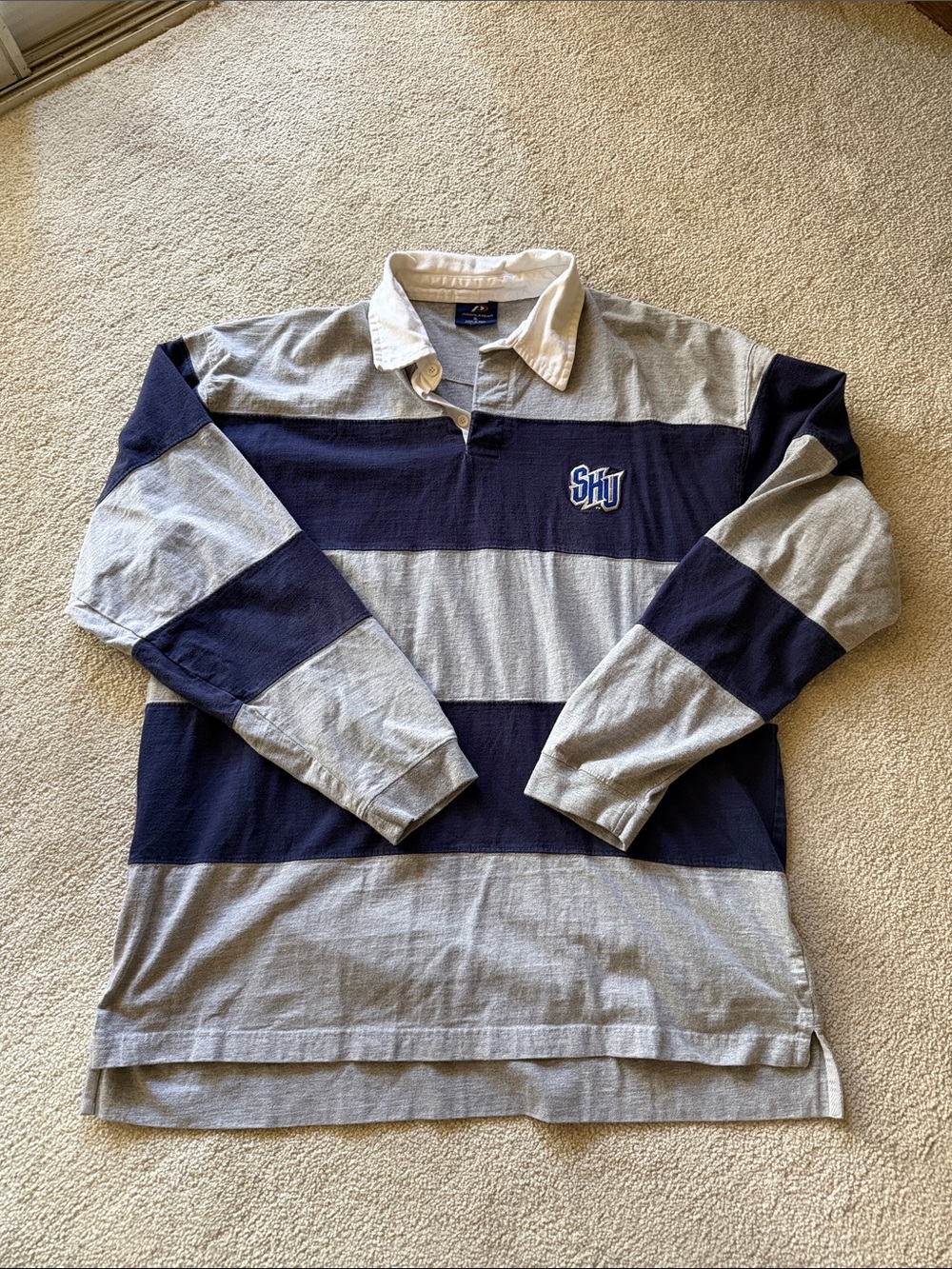Men's Navy and Gray Striped Rugby Shirt